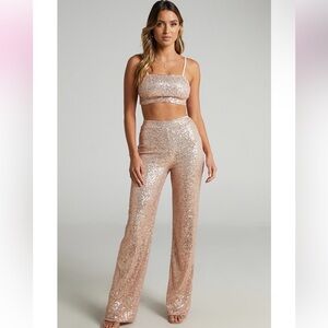 Showpo Sequin Women's Bandeau Two Piece Set in Rose Gold